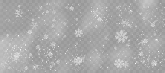 Snowflakes vary in form and symmetry. Storm-like sky filled with frosty debris. December overlays enhanced by flake diversity. Gray tones contrast with pure white snow.