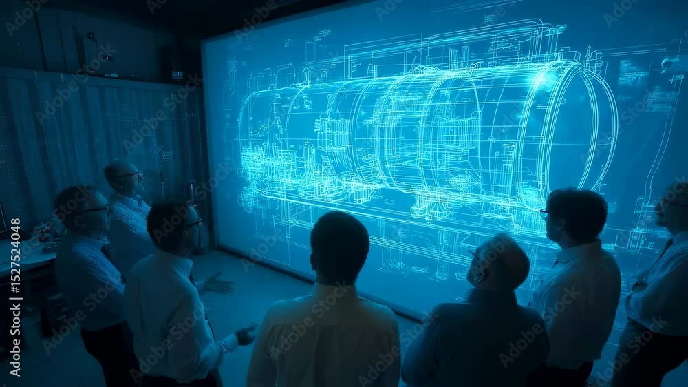 Aufkleber professional engineers gather in a darkened room, captivated by a large projected 3d blueprint of a 