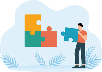 Businessman connecting puzzle pieces, generating new ideas and  analyzing corporate data concept
