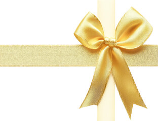 Elegant gold ribbon bow with tails, isolated on transparent background, perfect for gift wrapping and design projects.