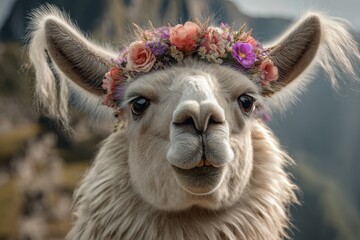 Fototapeta premium A close-up portrait of a smiling llama with sparkling eyes, fluffy ears, and a flower crown
