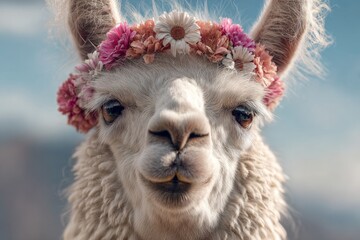 Obraz premium A close-up portrait of a smiling llama with sparkling eyes, fluffy ears, and a flower crown