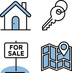Real estate planning icons. Floor layout, blueprint, master plan and golden key access visuals for property design  