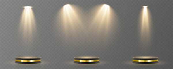 Light beam shines directly with elegant symmetry. Projector glow suits concert and spotlight vector. Transparent reflection adds realism to scene. Studio lighting helps isolate presentation element.