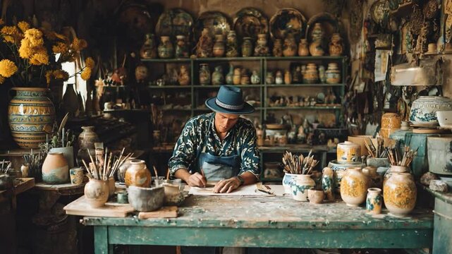 Artisan at Work: A seasoned craftsman, surrounded by a plethora of pottery and artisanal goods, concentrates intently, creating his next masterpiece in his workshop