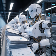 Fototapeta premium Hands of robots touching on document management network connections highlight automation transforming workflows. Robots data extraction organizes files, enhancing accuracy and operational efficiency.