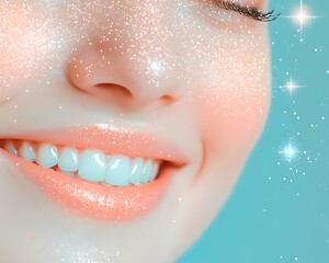 Stellar smile scene concept, Bright Smiling Face with Shimmering Sparkle and Soft Blue Background