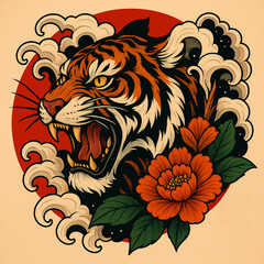 A tiger surrounded by a red circle and colorful flowers, showcasing a vibrant and artistic composition.