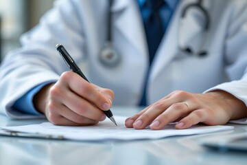 Healthcare professional writing patient notes medical office close-up photography indoor environment focused viewpoint documentation process
