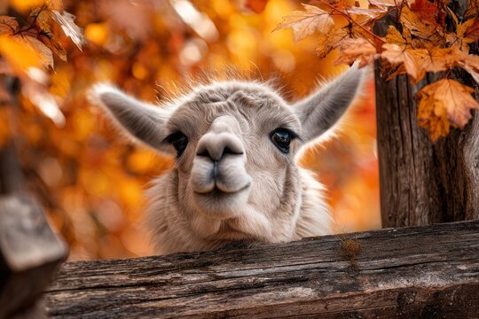 A llama peeking over a rustic wooden fence with curious eyes, surrounded by autumn leaves