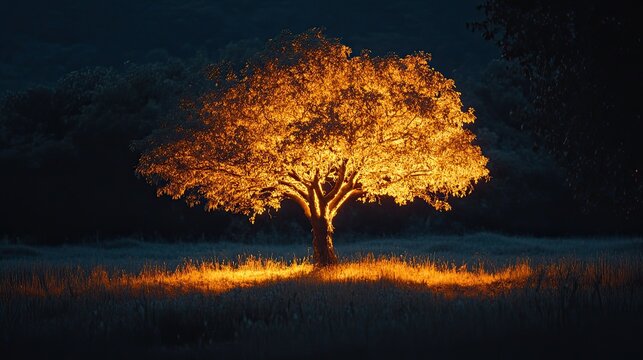 Illuminated Tree: A glowing tree against a dark background, evoking mystery and wonder in nature.