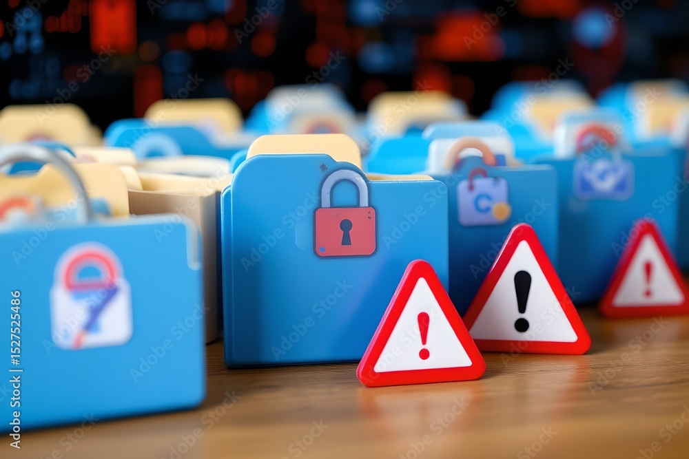 Poster cybersecurity alert protecting digital assets in a modern office environment with visual warnings an
