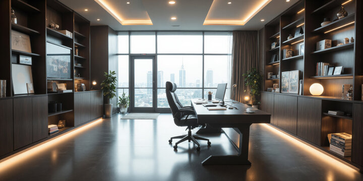 Chic corporate office with a dark wood desk, ergonomic leather chair, and modern storage solutions. Task lighting over the desk