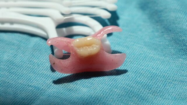Removable flipper denture and dental floss on blue background. Oral care, dental hygiene, prosthesis concept. Dentistry tool closeup.