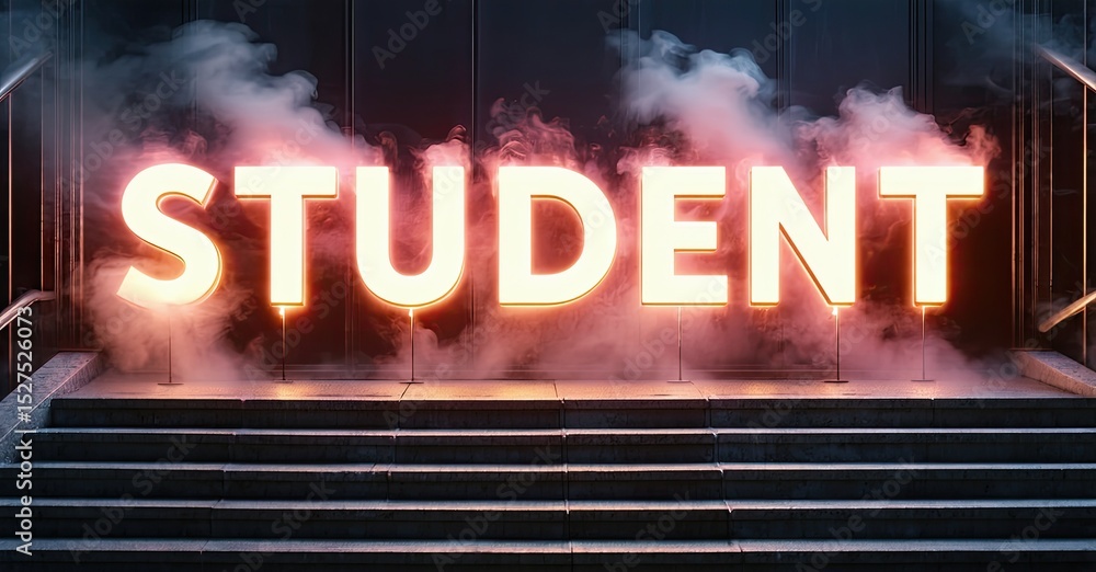 Poster bright neon sign spells student atop steps. smoke effects add dramatic lighting, creating modern vis