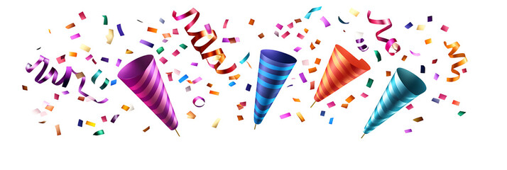 Colorful party poppers with confetti and streamers against a black background