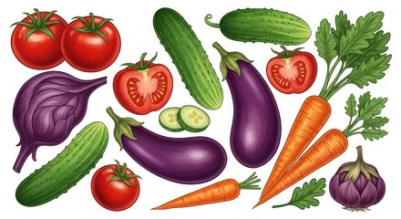 Fresh vegetables : tomatoes, cucumbers, eggplants, carrots, herbs