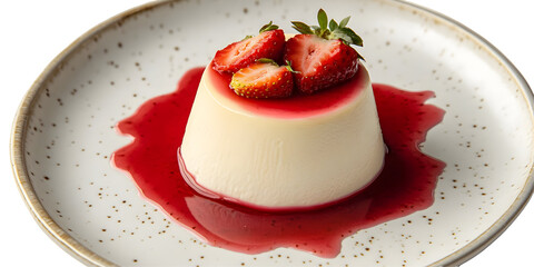 Delicious panna cotta dessert with fresh strawberries and berry sauce on a plate