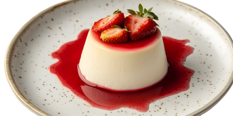Delicious panna cotta dessert with fresh strawberries and berry sauce on a plate