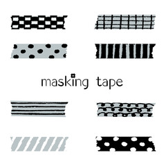 手描きのかわいいマスキングテープ　モノクロ