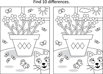 Potted flowers difference game and coloring page