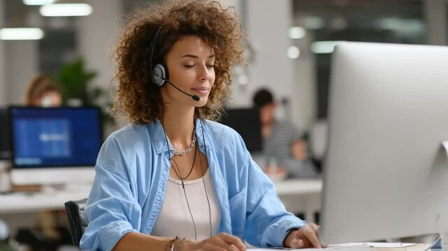 Customer service expert working: A customer service expert, adorned with a headset, is completely absorbed in her role at an office.