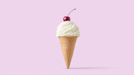 delicious ice cream cone with bright cherry on top set against clean pastel background