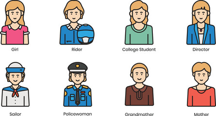 Diverse Female Professions Illustrations of Women in Various Careers, Including Girl, Rider, College Student, Director, Sailor, Policewoman, Grandmother, and Mother