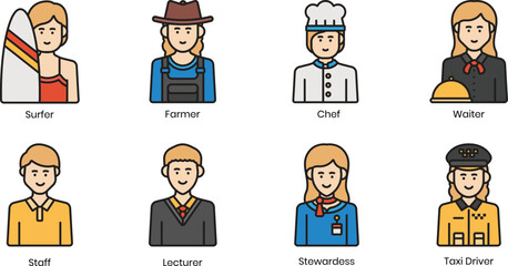 Diverse Female Professions Surfer, Farmer, Chef, Waiter, Yacht Staff, Jetsetter, Shop Assistant, Taxi Driver Icon Set