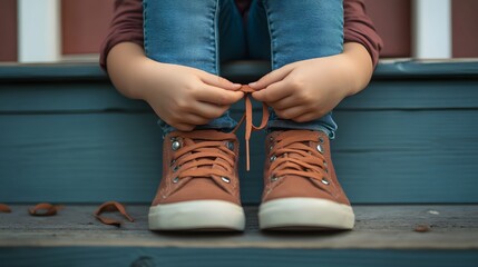 young child tying shoelaces for the first time, sitting on a porch step, focus on hands and shoes 

