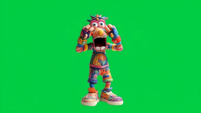 Colorful cartoon monkey character on green screen
