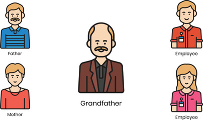 Diverse Family Member Icons Father, Mother, Grandfather, Employee Illustrations -  Perfect for Websites, Apps, and Presentations