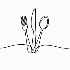 Continuous one line drawing of restaurant logo. knife, fork and spoon. Black and white vector'

