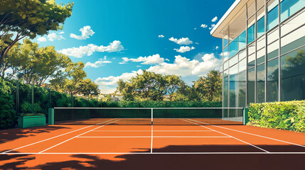 Outdoor Clay Tennis Court. A scenic outdoor clay tennis court surrounded by lush green trees under a bright blue sky with fluffy clouds.