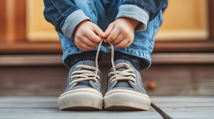 young child tying shoelaces for the first time, sitting on a porch step, focus on hands and shoes 
