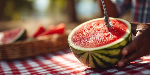 Person eating watermelon with spoon at summer picnic
