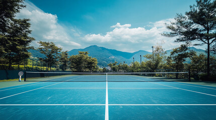 Outdoor Mountain View of Blue Tennis Court. A tranquil outdoor tennis court surrounded by tall trees with a breathtaking view of distant mountains under a partly cloudy sky. 