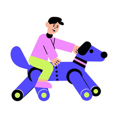 Flat style illustration showing a character sitting on a robot dog