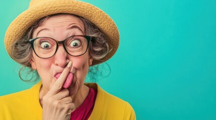 playful senior woman in hat making silly face