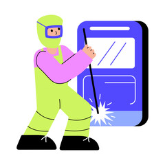 Flat style illustration showing a worker doing welding