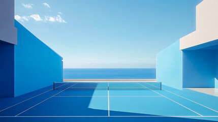 Minimalist Blue Tennis Court with Ocean View. A stunningly modern, minimalist tennis court designed in shades of blue, positioned between geometric buildings and facing a serene ocean horizon.