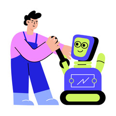 A flat style illustration showing a robot technician