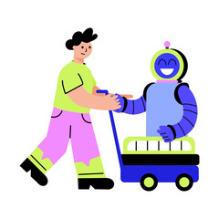 Flat style illustration showing a transporting robot