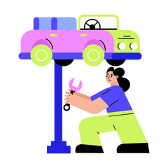 A flat style illustration showing a mechanic repairing a car