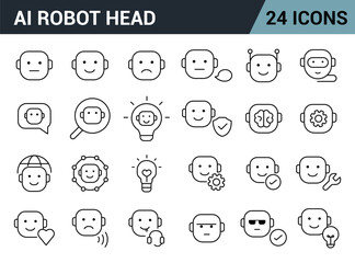 AI Robot Head Line Editable Icons Set.
Includes Emotions, Chat, Security, Brain, Settings, Tools, Ideas & More. Vector Illustration.