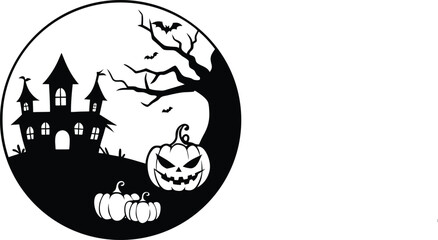 Line Art Halloween Composition with Pumpkin and Spooky Bat

