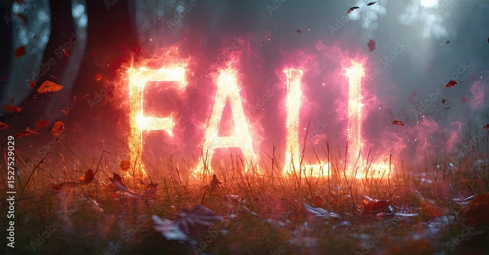 Poster fiery text spells fall amid autumn foliage. dramatic lighting creates intense visual impact. forest 