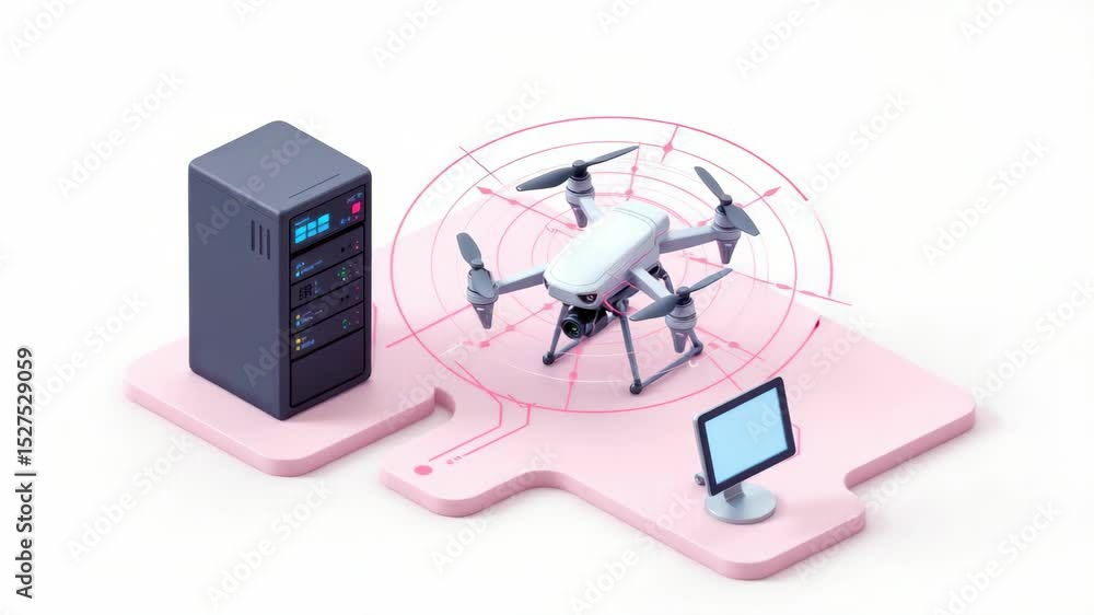 Poster drone technology with server and monitor setup illustration.