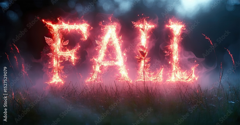 Poster fiery text spells fall over grass. dramatic lighting creates intense, glowing effect. dark backgroun