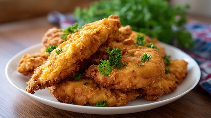 Crispy Fried Chicken Strips Garnished with Parsley on a White Plate
